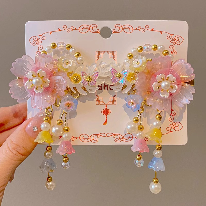 Niños vestidos de estilo antiguo para el cabello Hanfu flores bordas niñas super inmortales tarjeta de cabello tocado de estilo chino arco clip