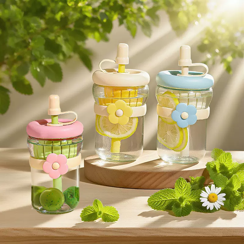 定制可爱玻璃花朵卡通茶漏冷萃花茶吸管直饮杯女学生儿童礼品水杯