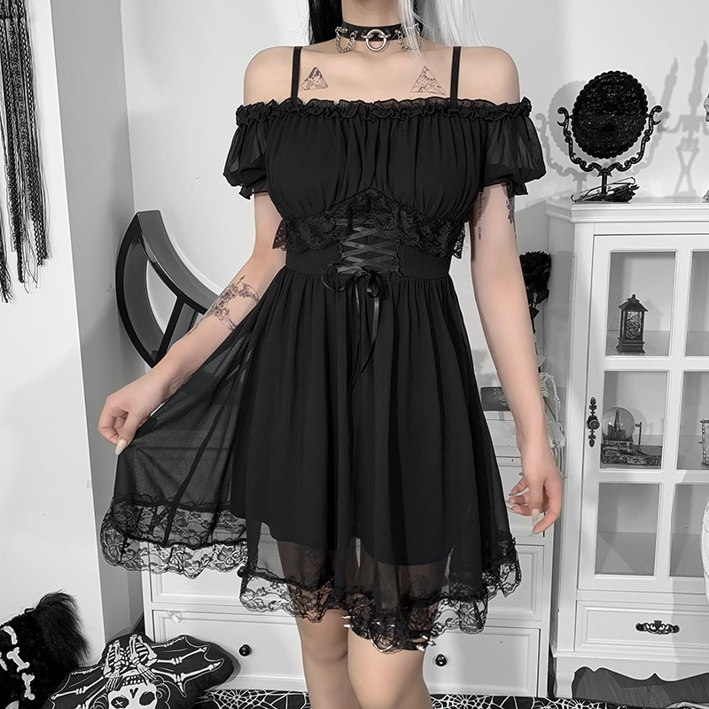 Gothic style sling short sleeve solid color Lace Mesh Dress NSGYB116274