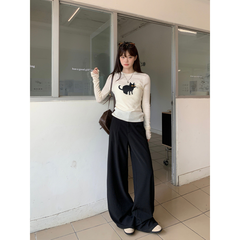猫咪印花长袖T恤女装秋季新款薄毛织针织衫显瘦辣妹内搭上衣毛衣|undefined