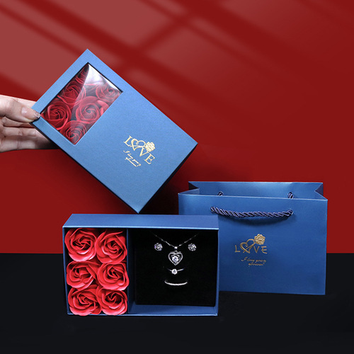 Valentine's Day Rose Gift Box with Window Top Cover, 6 Soap Flowers, Pendant, Ring, Earrings, Decorative Packaging Box