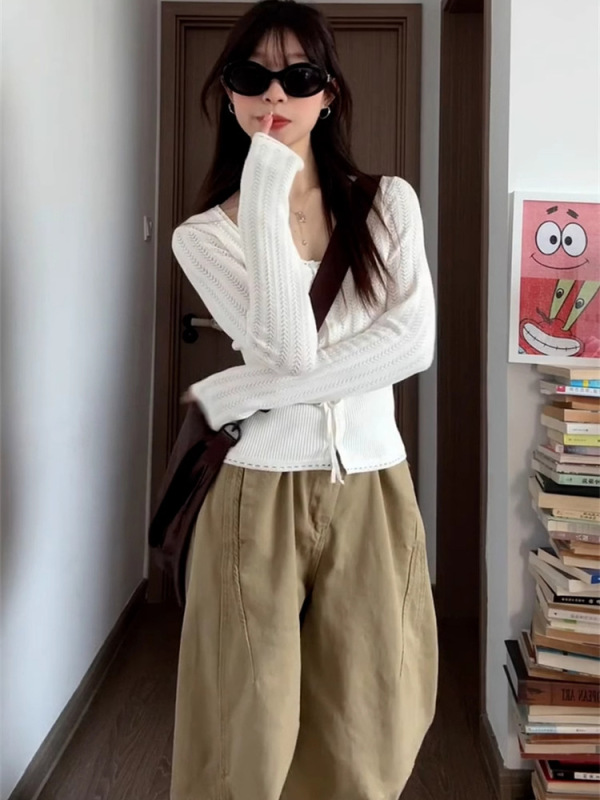 白色镂空针织衫女秋季2025新款韩系chic别致穿搭短款长袖小上衣|undefined