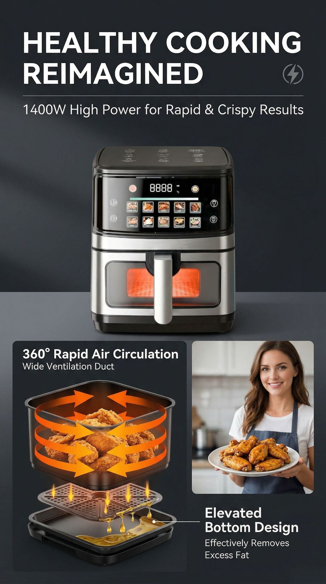 Cross-border Exclusive airfryer 12L Visible Air Fryer Large Capacity Stainless Steel Multifunctional US Specification 110V