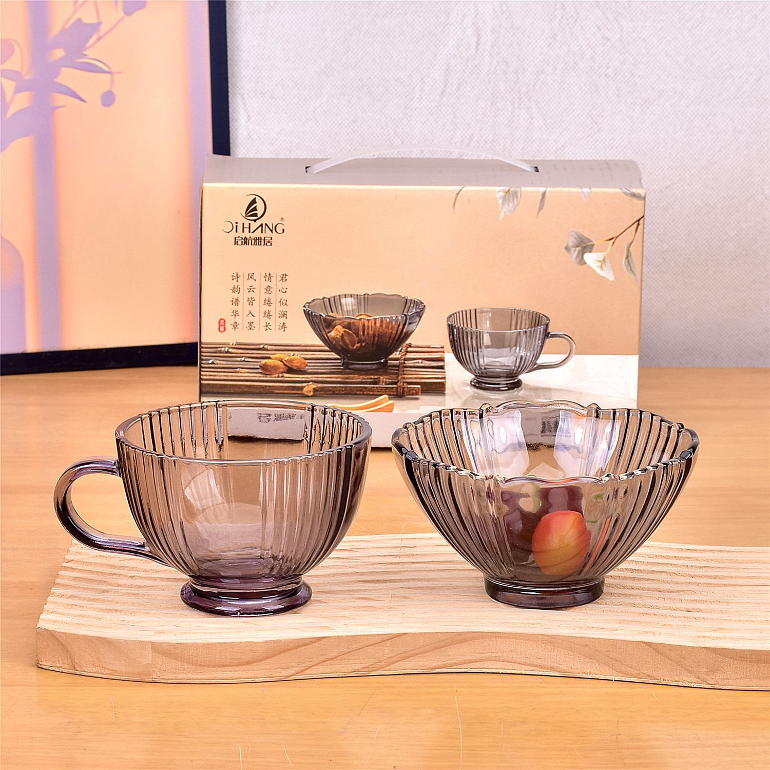 JUNLAN 유리 그릇 2피스 디저트 샐러드 그릇 아침 식사 컵 세트 보험 상점 이벤트 전시회 선물