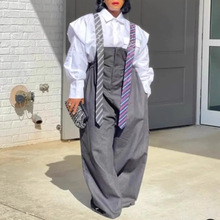 美式复古设计感工装裤早秋新款领带装饰背带裤女高个子阔腿连衣裤