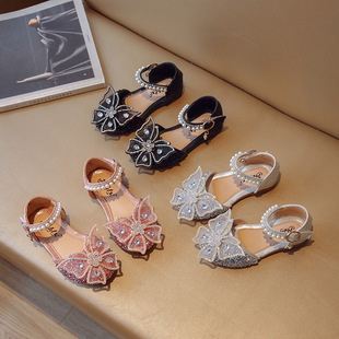 Girls Princess Shoes 2024 Spring and Summer New Women's Small and Large Children's Sandals Bow Bright Diamond Shoes Dance Shoes