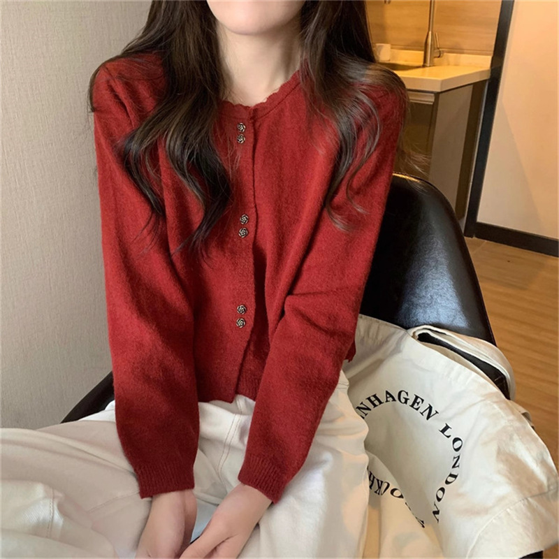 ニットカーディガン秋新作婦人服デザイン感優しい甘美風ショートタイプ丸首長袖ソフトモチモチニットセーター|undefined