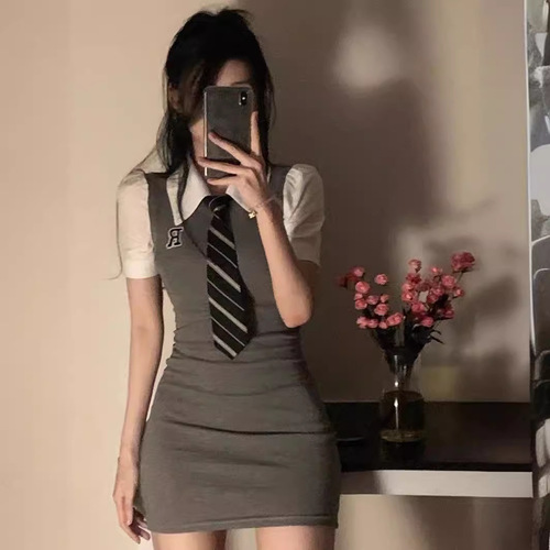 JK-style alluring polo-collar tie-front faux two-piece short-sleeve waist-defined, figure-flattering, body-hugging A-line dress for women—perfect for summer.