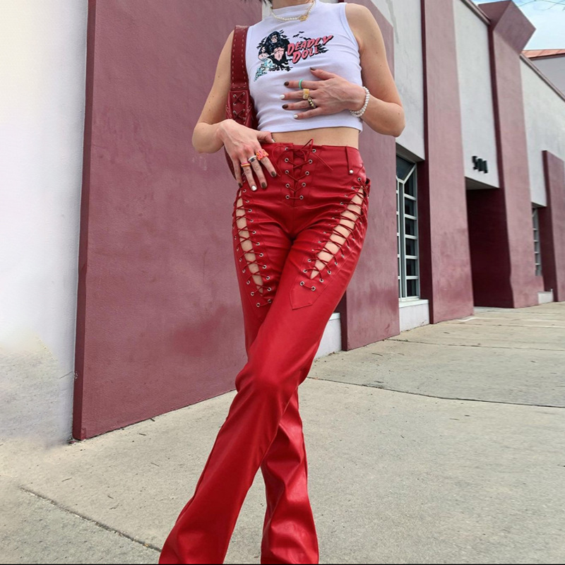 European and American 2025 Summer Fashion Trend Women's New High-Waisted Hollow-Out Lace-Up Straight-Leg Slim-Fit Leather Pants