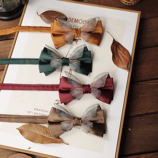 Factory spot wholesale retro organza bow solid color white dark green wine Red men's romantic bow tie