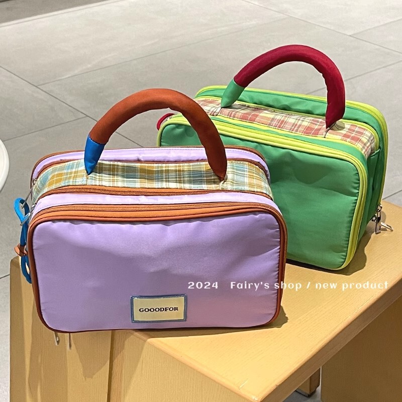 チェック柄のコントラストカラーの大容量収納化粧品バッグ新しいハイエンドポータブルポータブルトラベルトイレタリー収納バッグ|undefined