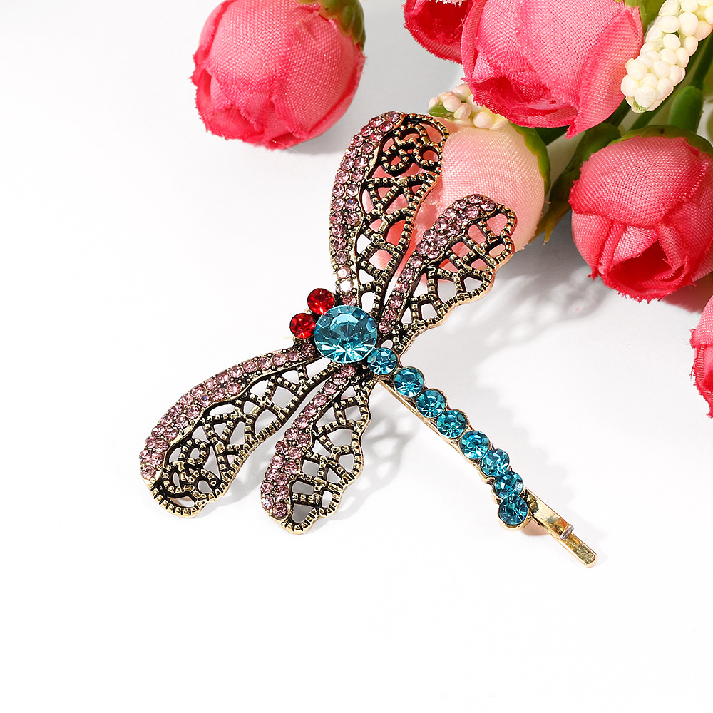 Fashion Dragonfly Alloy Plating Hollow Out Inlay Crystal Hair Clip 1 Piece2