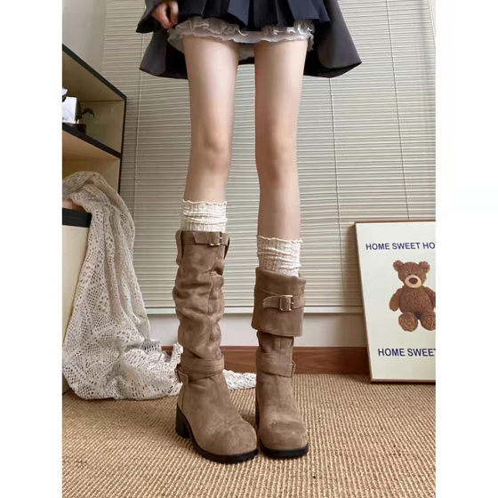 New Retro Western Boots Women's Summer Thick Rooted Boots Slimming Heap Knight Boots Maillard Boots
