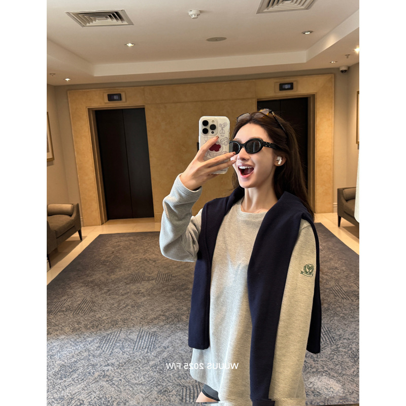 Wuuus [Tennis Club] Waffle Long-Sleeved Top Women's Early Autumn Gray Outer Bottoming Shirt T-Shirt