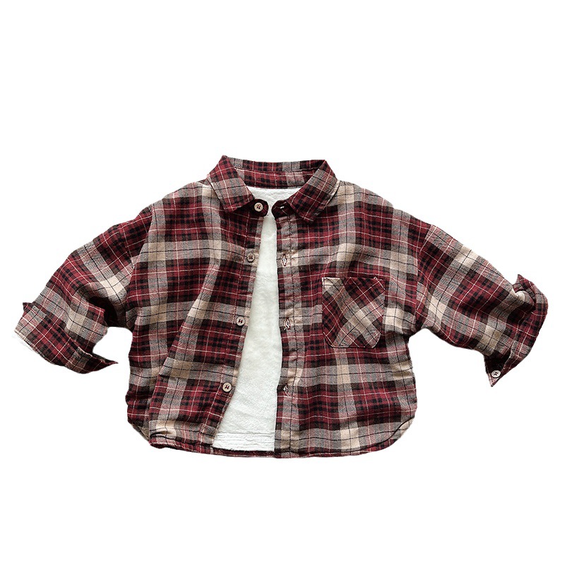 Camisa de cuadros forrado de lana para niños nuevos niños y niñas 2024 invierno estilo coreano retro engrosado camisa tops de los niños