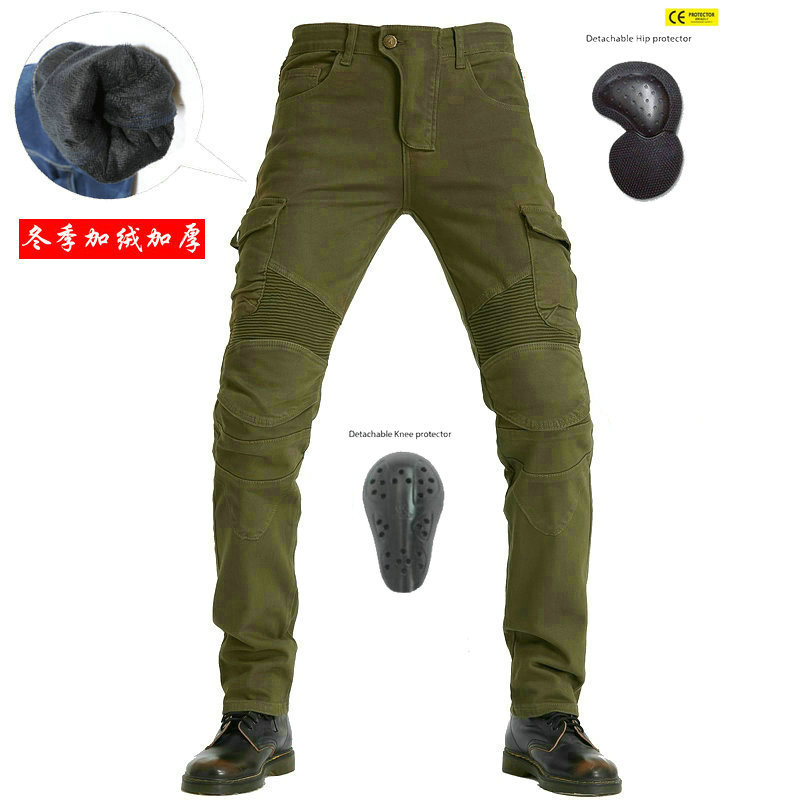 VOLERO Men's Winter Fleece Riding High-Waisted Jeans in Military Green with Multiple Pockets, Motorcycle Work Pants