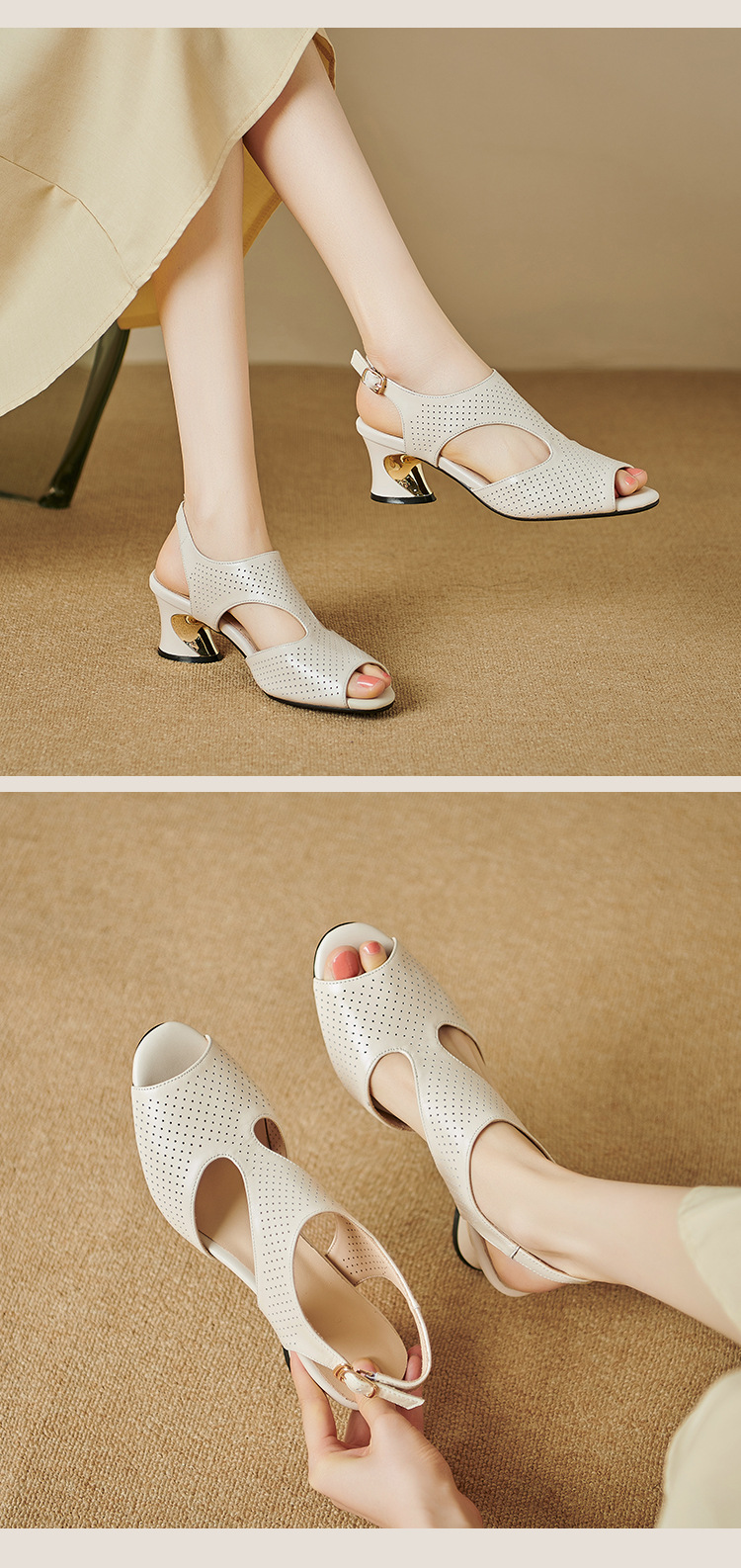 Sandal nữ quai ngang khóa da bò lớp 1 gót vuông hở mũi hở gót — Màu đen chi tiết 8
