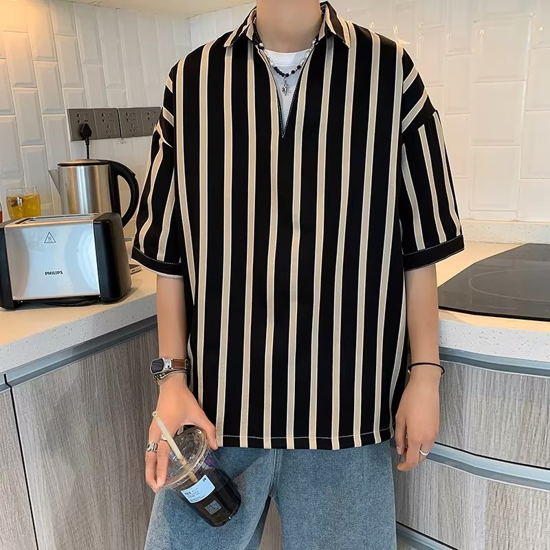 Camisa coreana de media manga para hombre de primavera y verano, camisa casual de manga corta hermosa de moda para hombre, chaqueta a rayas, manga tres cuartos