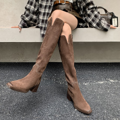 欢喜！磨砂牛翻皮小v口绣线骑士靴女粗跟显瘦长靴高筒小个子欧货