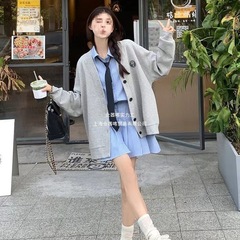 学院风套装棒球服开衫卫衣入秋外套新款早秋条纹连衣裙子两件套