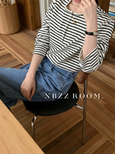 2024秋冬/日系复古半门襟条纹打底衫女韩系休闲宽松长袖t恤上衣潮