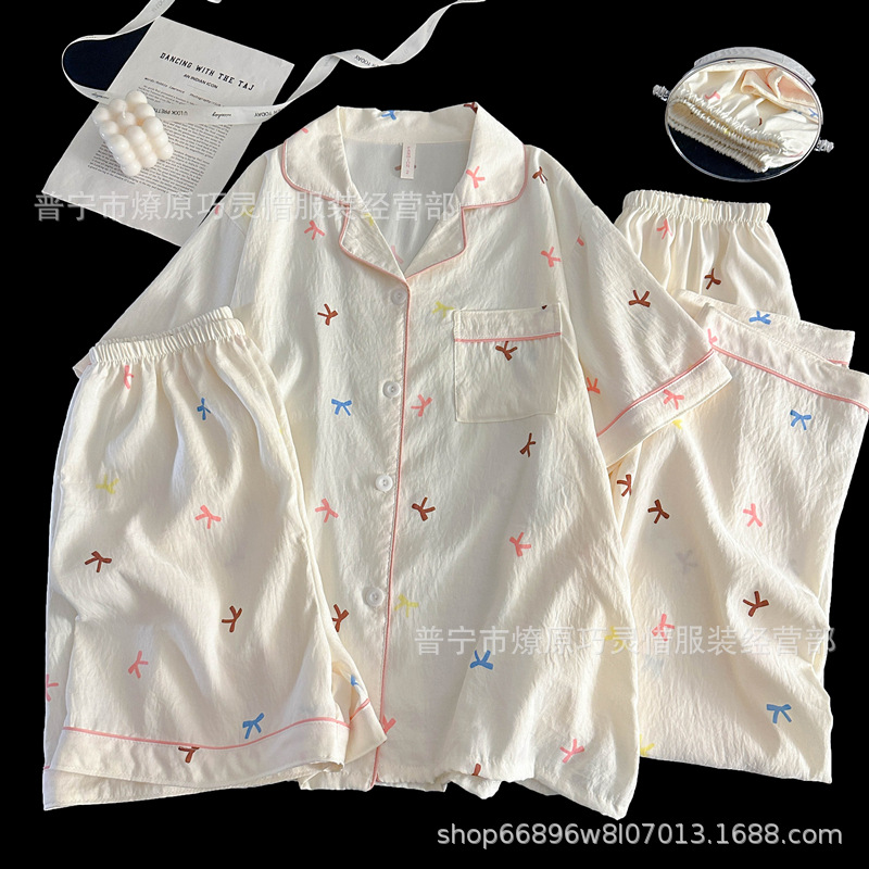 Hermosos pijamas de tela de rabu mujeres primavera y otoño verano nubes de algodón dulce mangas cortas pantalones cortos de tres piezas ropa para el hogar
