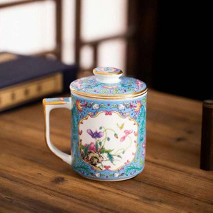 Pastel Butterfly Love Gold Handle Ceramic Tea Cup with Lid Filtered Water Cup Home Chinese Office Tea Cup Customization