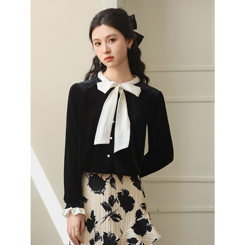 Bow lace black velvet shirt women's 2024 autumn and winter new doll collar design all-match simple top