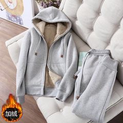 スポーツレジャースーツの女性ファスナーの純色のコートの女性秋冬韓国版の大きいサイズの学生はベルベットを厚くして帽子のスーツを作ります。