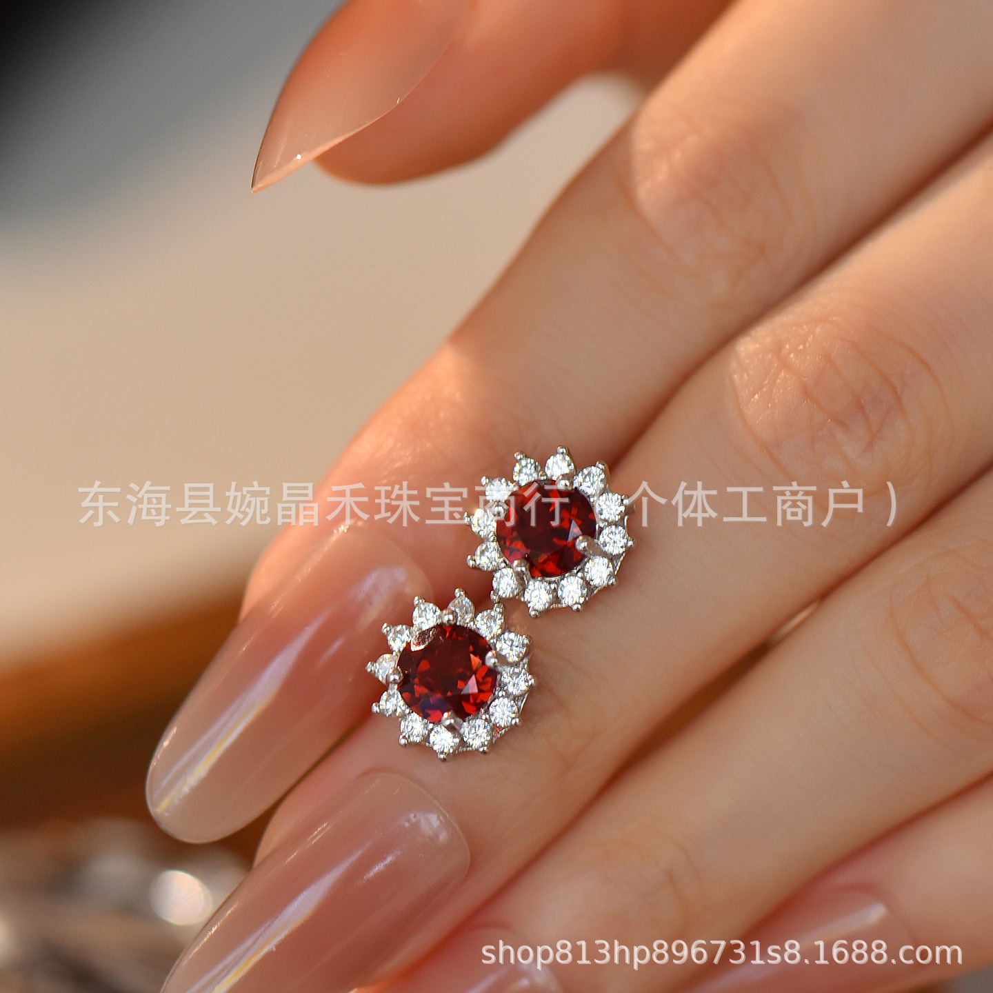 Natural garnet earrings, S925 silver setting with zircon, approximately 6mm, burgundy colored gemstone earrings, direct from the source factory