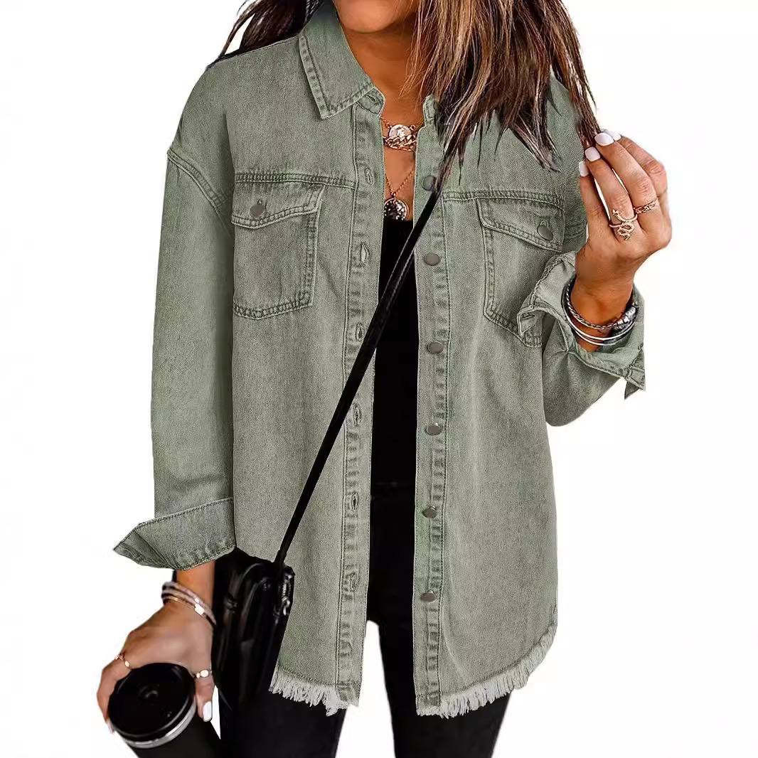 Giacca camicia in denim lavato da donna stile urbano casual_voghion.com