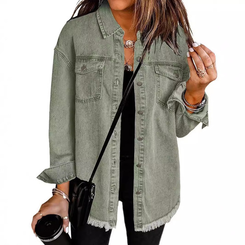 Cross-border New Washed Denim Shirt Jacket for Women—European and American Style, Autumn/Winter, Unique Streetwear, Frayed Hem, Women's Outerwear