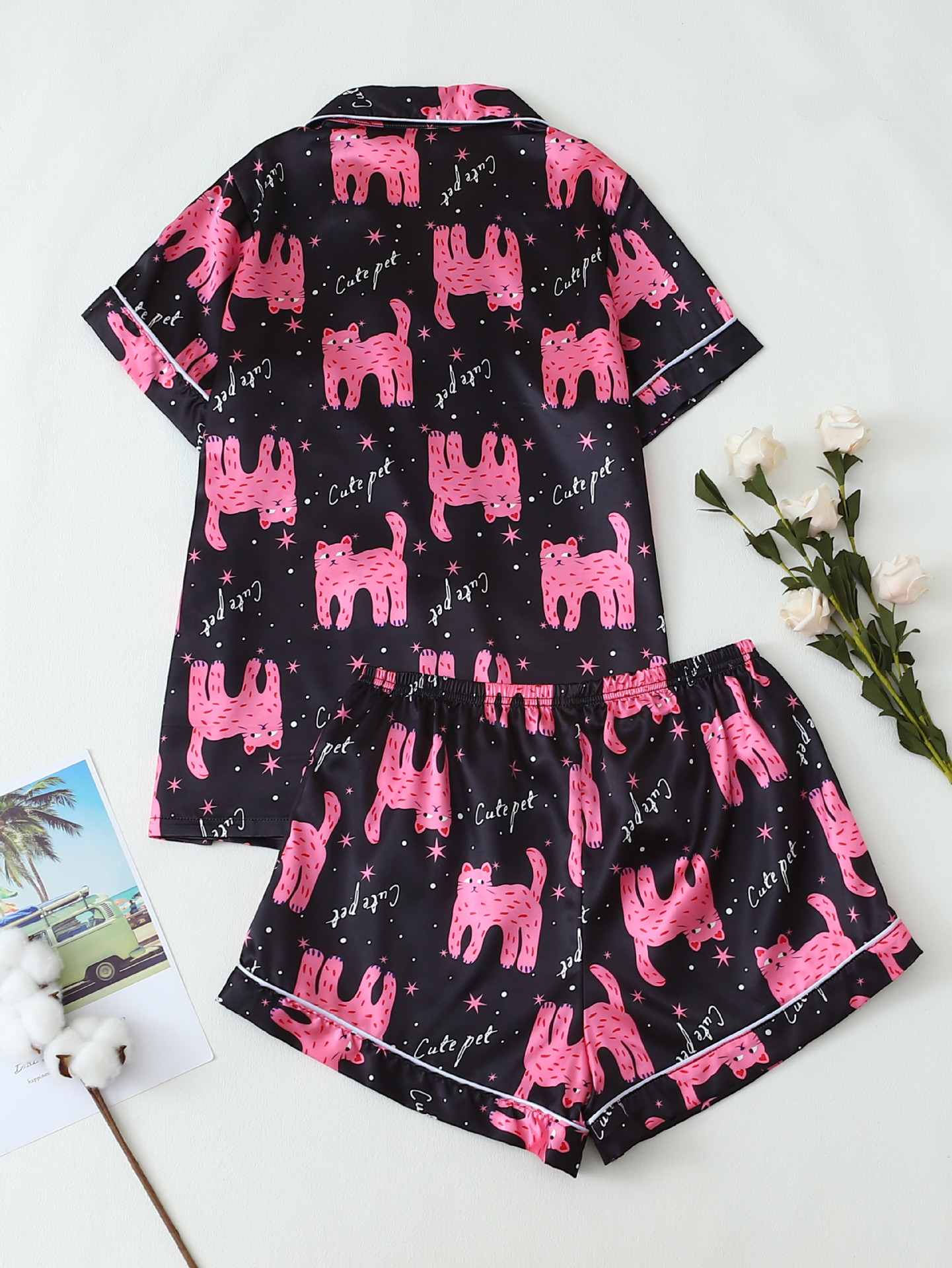 Dam pyjamas set satin svart kattryck kortärmad knapp_voghion.com
