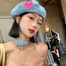 2024夏季新款帽子女爱心牛仔贝雷帽大头围显脸小蓓蕾帽时尚画家帽