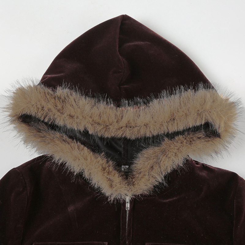 Women Fur Stitching Hooded Zip Cardigan Pocket Design Jacket Autumn Winter Solid Color Sexy Velvet Coat