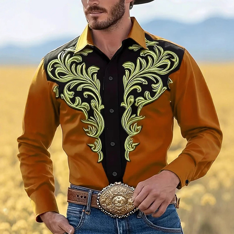 Cross-Border European and American Western Retro Long-Sleeved Shirt Soft Four-Way Elastic Printed Anti-Wrinkle Casual Daily Men's Shirt