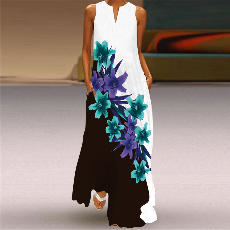 Robe longue sexy sans manches imprimée multicolore à col en V, style rétro européen et américain, collection été 2026_voghion.com
