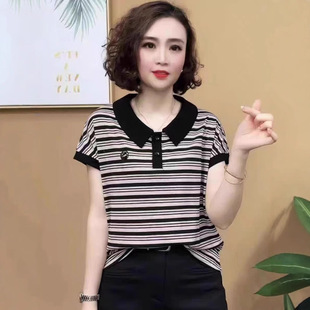 Cross-Border Hot-Selling Summer Age-Reducing Mom Middle-Aged and Elderly Women's T-Shirt Fashion Stripesd Doll Collar Pullover Short-Sleeved T-Shirt