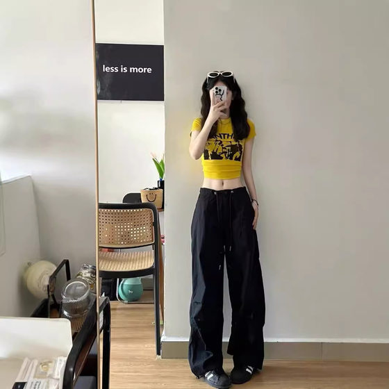 American Yellow Right Shoulder Girls Short-sleeved T-shirt Women's Summer Dopamine Slim Short Sweet and Spicy jazz Top