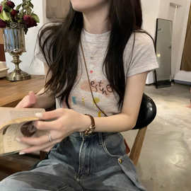 美式甜辣短袖T恤女夏季2026新款修身韩版打底衫正肩短款上衣