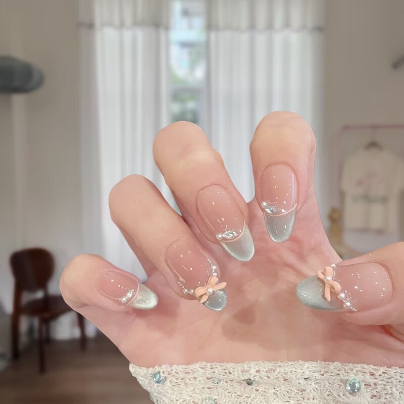 【Blue Elf T】Summer Handmade Nail Art Gentle French Cat-Eye Style Brightening Pure Handmade Nail Stickers