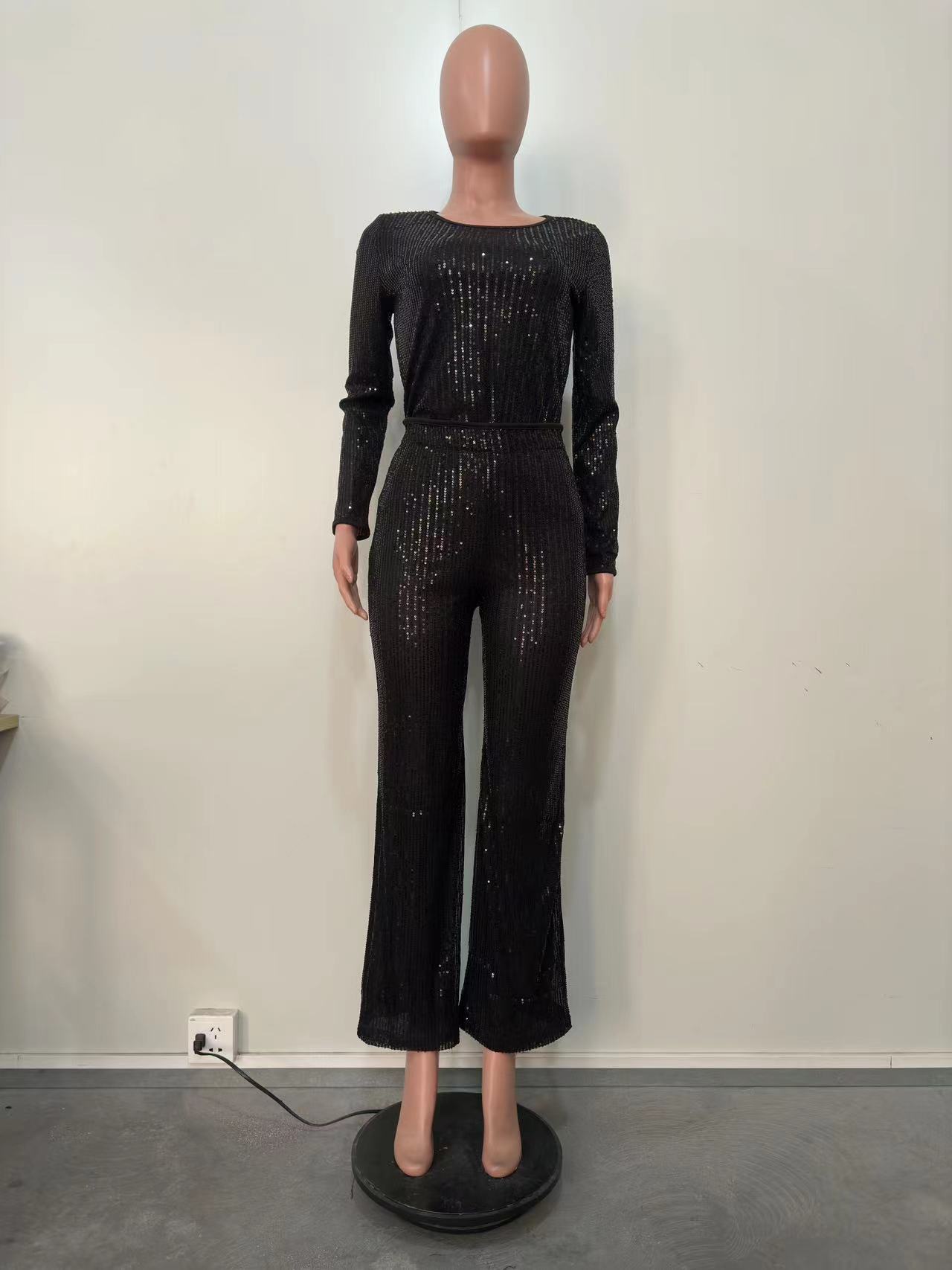 Women's Clothing new sequined solid color long sleeved trousers two piece set_voghion.com