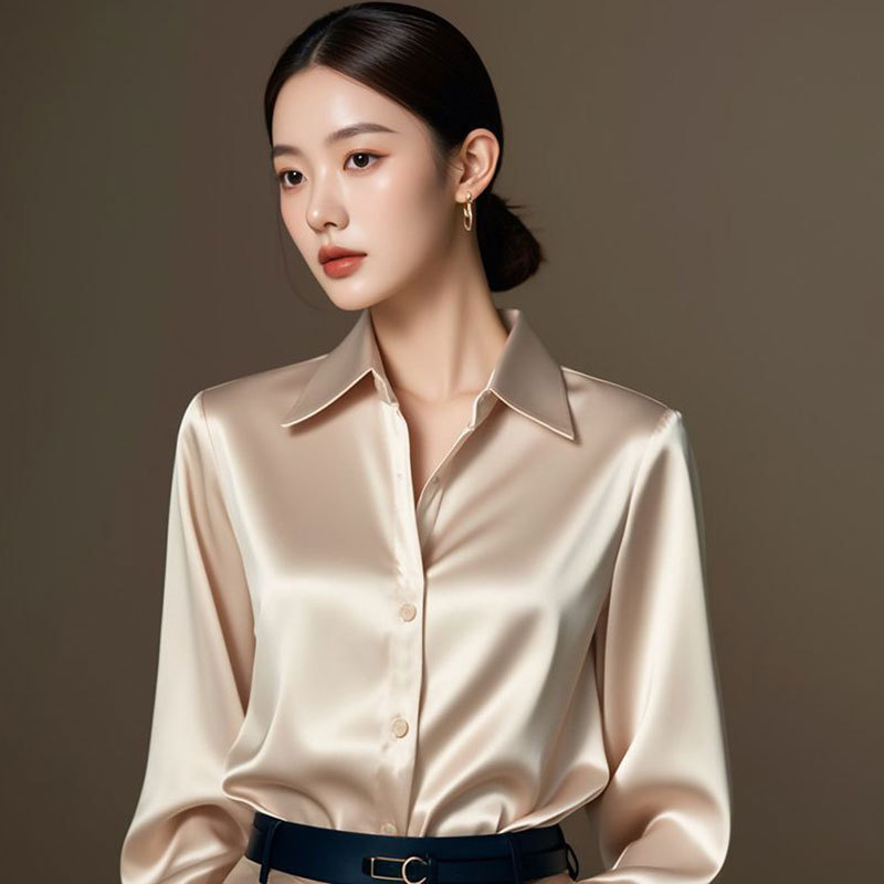 2025秋季新款女装衬衫女纯色缎面黑色职业装长袖衬衫打底衫上衣