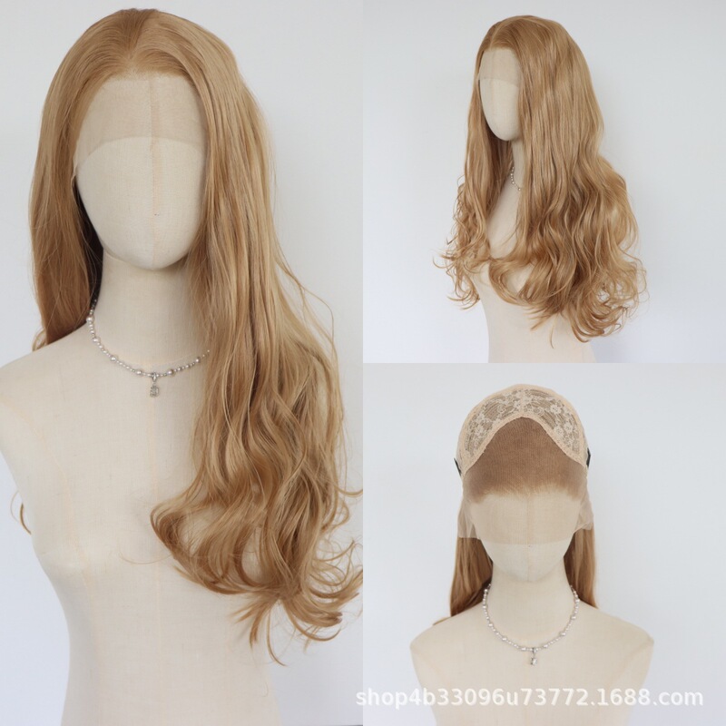 Brown long wavy wig, 13*4 lace front, synthetic fiber, heat-resistant, popular style in Europe and America