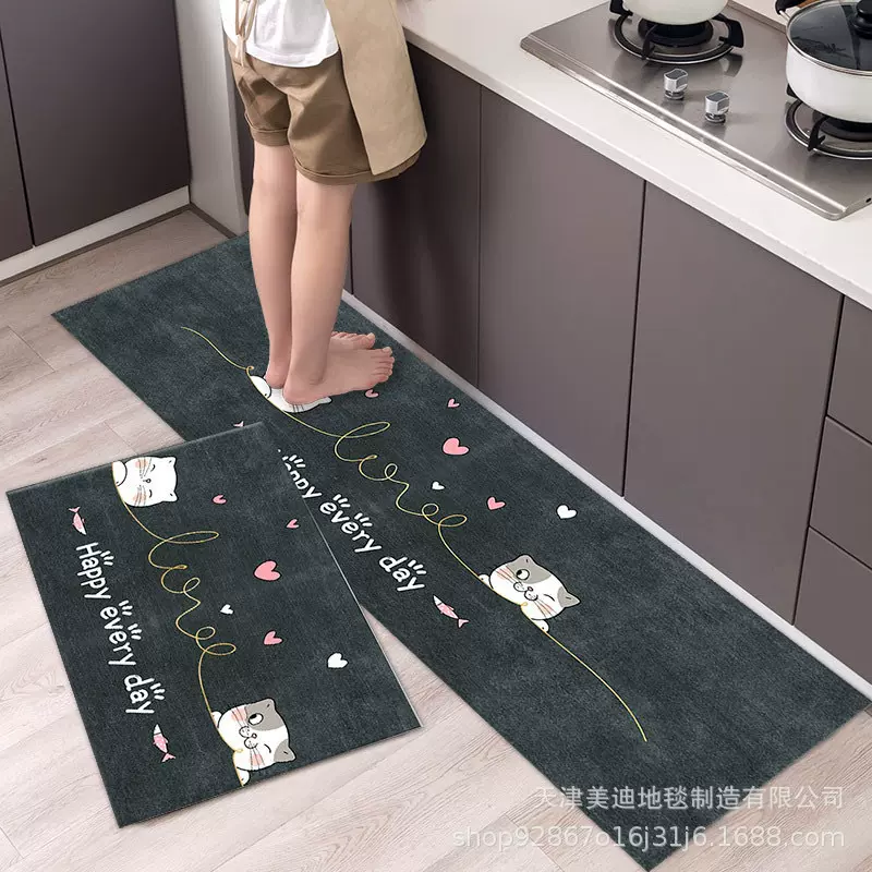 跨境卡通水晶绒厨房地垫长条防滑脚垫套装家用耐脏防油地毯可代发