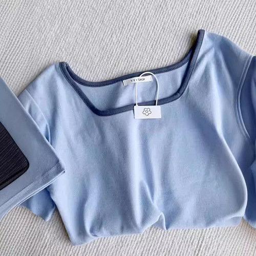 Square collar straight shoulder T-shirt for women's short-sleeved summer new slim and versatile short navel-exposed ins top trendy