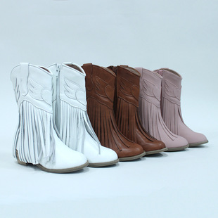 European and American Autumn and Winter Fashionable Microfiber Side Zipper Tassel Soft High-Top Girls and Kidsren's Western Cowboy Boots
