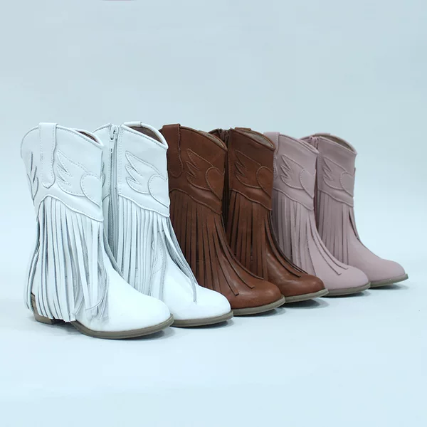 European and American Autumn and Winter Fashionable Microfiber Side Zipper Tassel Soft High-Top Girls and Kidsren's Western Cowboy Boots