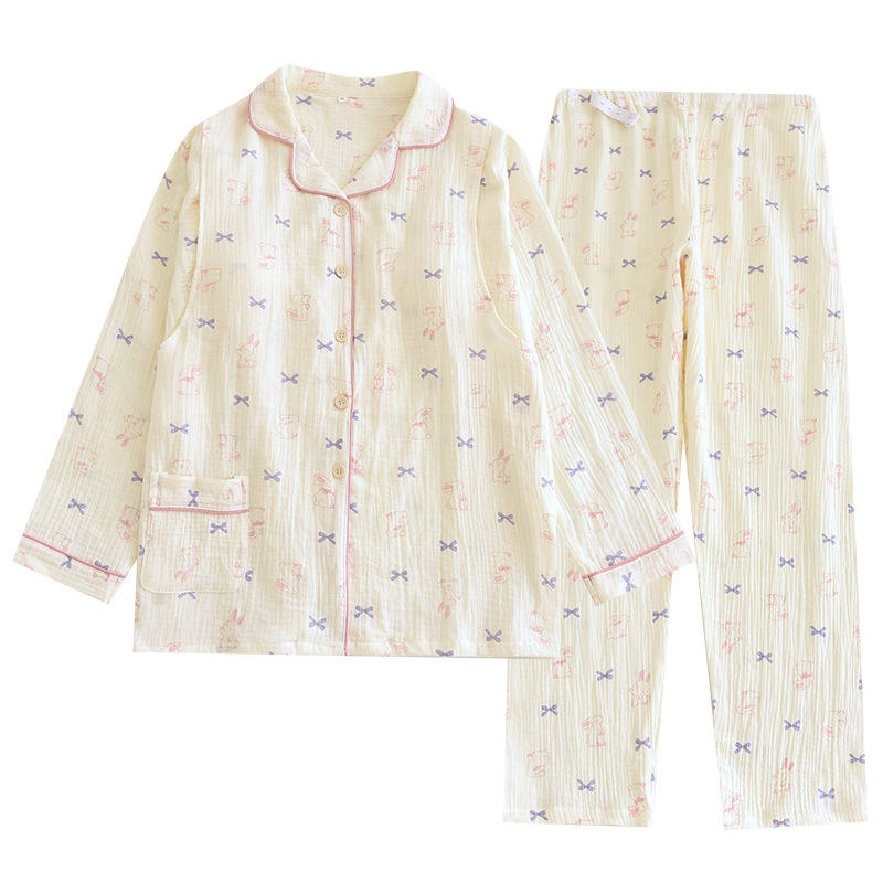 크레페 순면 거즈 봄과 여름 여성 감금 옷 곡선 입 보이지 않는 간호 잠옷 크레페 가정복 브래지어를 착용하지 않고