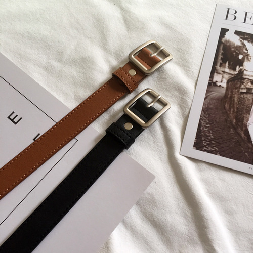 Korean style versatile belt for women, simple student pin buckle trouser belt, ins style rectangular silver buckle retro belt for women, trendy